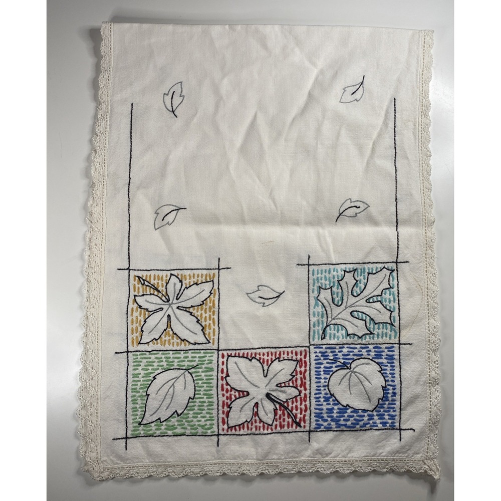 Vintage Handmade Embroidered Table Runners Autumn Fall Leaves Crochet Lace Edge
